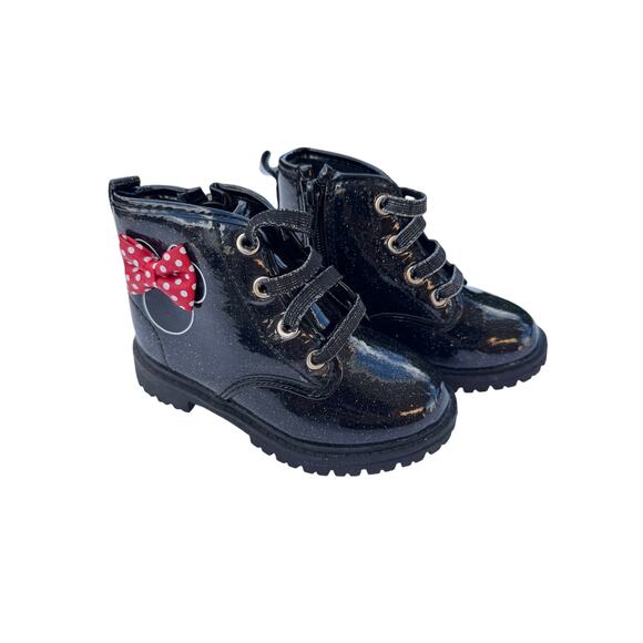 Disney Minnie Mouse Girls Combat Boots Black Patent Sparkle Size 7 - Picture 3 of 11